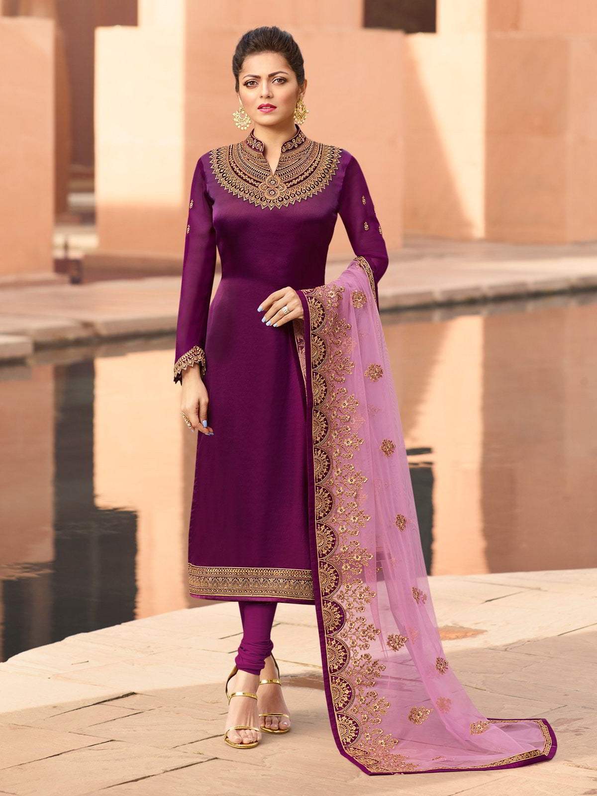 Lavendar Benarasi Pure Silk Handwoven Suit Set With Dark Purple Dupatt –  Six Yard Story